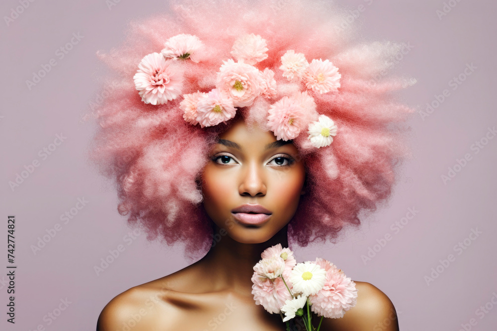 A young african woman with pastel pink afro hair covered with flowers