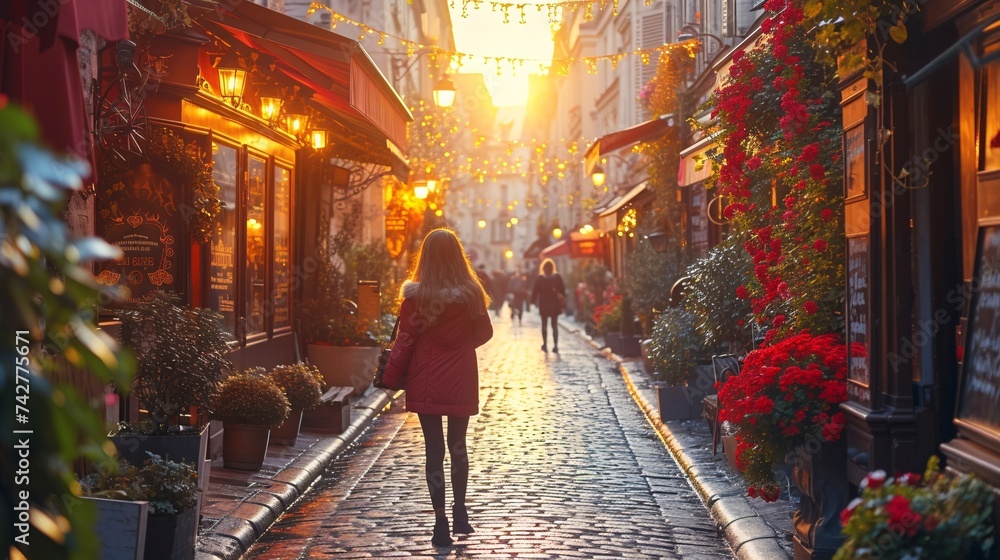 Morning scene in Paris with classic French bistro and lady strolling down the street. - obrazy, fototapety, plakaty 
