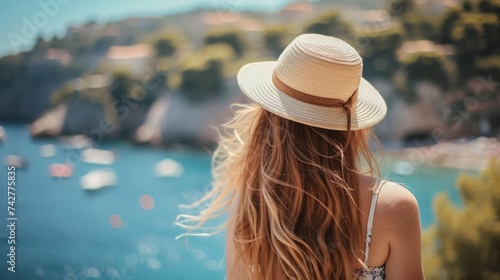 A summer vacation in France, with a young woman wearing a hat and long hair, enjoying the French Riviera. photo