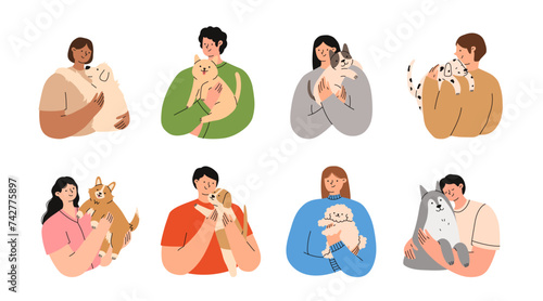 Pet owners set. People are holding cute dogs in their hands. Flat vector illustration.