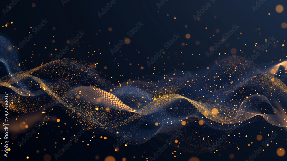 An abstract background featuring a deep navy blue canvas illuminated by scattered golden light particles, simulating a bokeh effect reminiscent of a starry Christmas night. - obrazy, fototapety, plakaty 