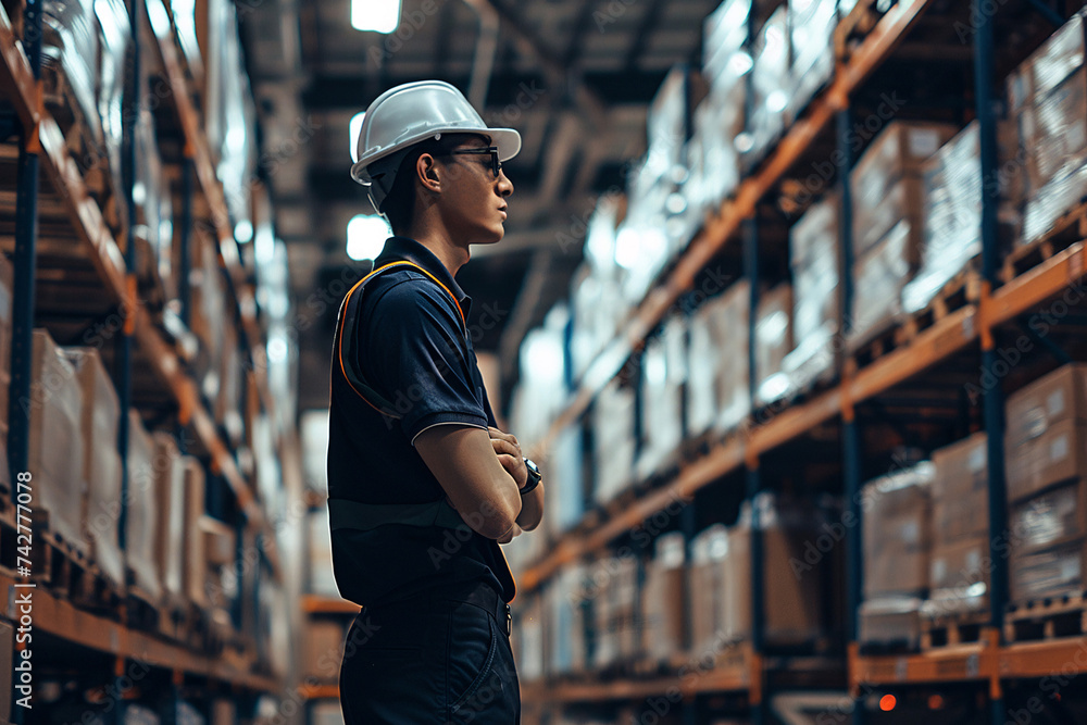 worker in warehouse, Worker Wearing Hard Hat Holding Digital Tablet Computer Walking Through Retail Warehouse full of Shelves with Goods. Working in Logistics and Distribution Center worker in warehouse, Worker Wearing Hard Hat Holding Digital Tablet Computer Walking Through Retail Warehouse full of Shelves with Goods. Working in Logistics and Distribution Center