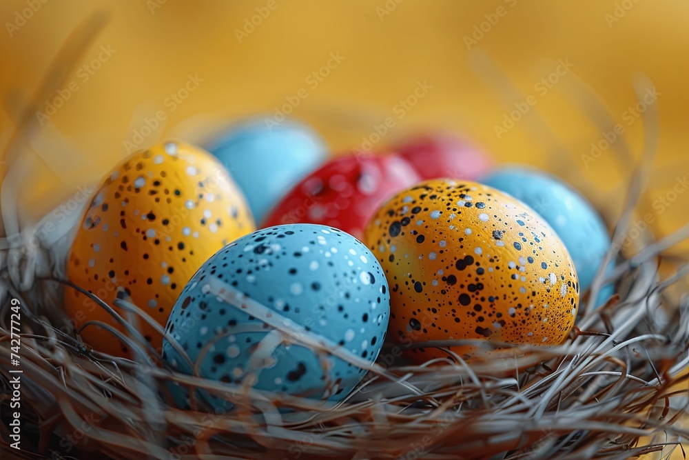 colorful easter eggs in a nest on a yellow background, in the style of contemporary candy-coated. Generative AI.