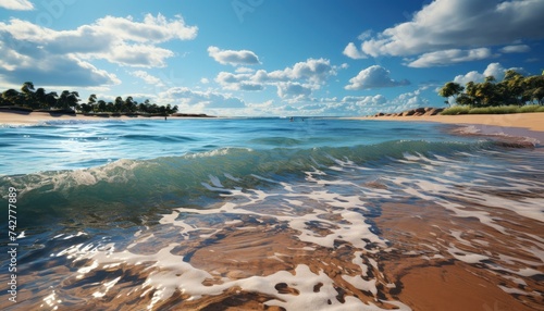 A serene beach with gentle waves lapping at the shore