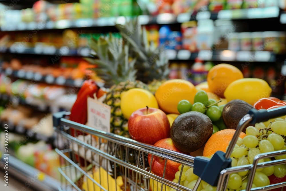 shopping cart full of fruit with blur supermarket background 
