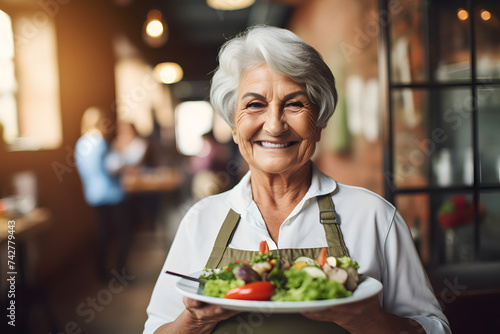 Aged woman with plate full of a healthy vegetable salad and happy smile on a blurred restaurant background, with copy space.