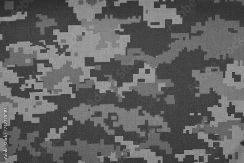 Texture of camouflage fabric as background, top view. Black and white effect