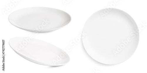 Empty ceramic plate isolated on white, set with different views