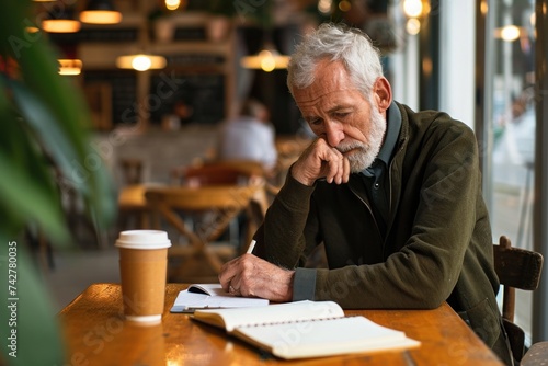 Thoughtful older adult business man writing in notebook, middle aged author or writer taking notes thinking of new ideas, mature male student making checklist, learning in cafe, Generative AI photo