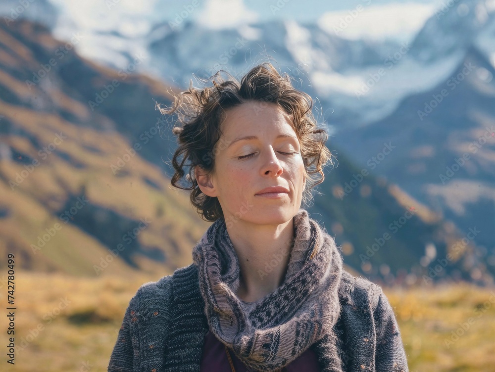 Mujer practicando sofrología en la montaña, con los ojos cerrados, meditando, hiking Mujer practicando sofrología en la montaña, con los ojos cerrados, meditando, hiking