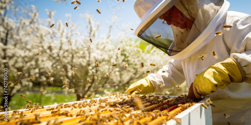 A beekeeper in a protective bee suit is carefully examining a beehive while bees buzzing around