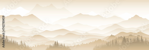 Mountain landscape in sepia tones, panoramic view, vector illustration