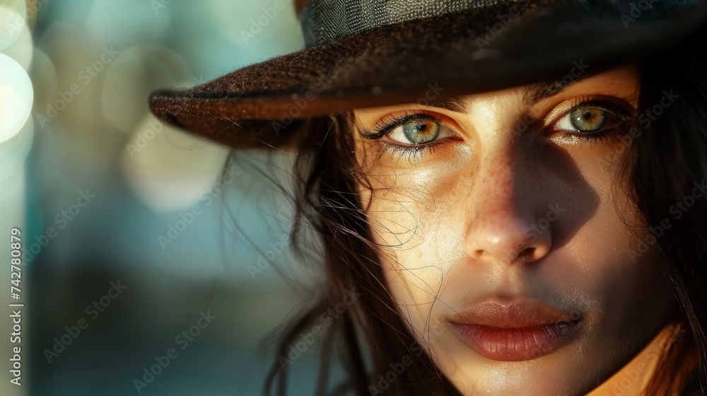 Close-up photo of a stylish woman in a business suit and hat. Style, beauty and fashion concept Close-up photo of a stylish woman in a business suit and hat. Style, beauty and fashion concept
