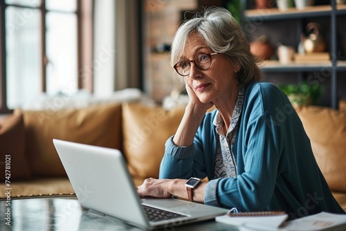 Senior mature older woman watching business training, online webinar on laptop computer remote working or social distance learning from home. 60s businesswoman video conference calling, Generative AI