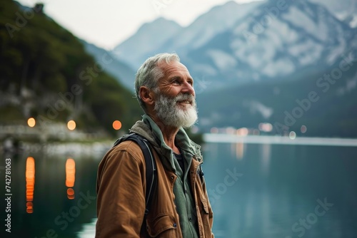 Happy older man standing in nature park enjoying natural park landscape. Smiling mature active traveler exploring camping tourism nature lake and mountains travel journey feeling, Generative AI