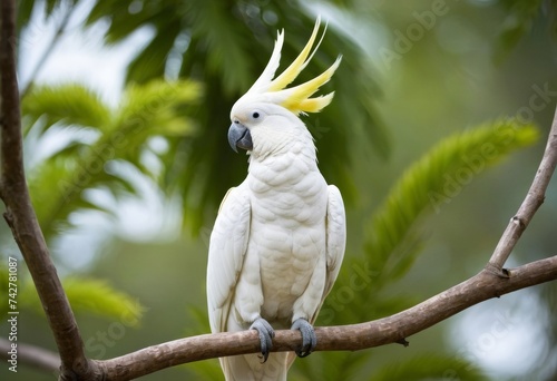 Cockatoo parrot (Cacatua galerita Sulphur-crested) sitting on a green tree branch .White and yellow cockatoo with nature green background. photo