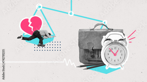 Poster. Modern aesthetic artwork. Depressed man lying on the raised scales with broken heart and on another scalepan stands huge case and clock. Concept of work life balance, time management, career.