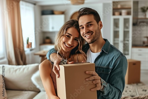 Happy young couple home owners holding keys in new home. Smiling independent millennial man and woman first time homeowners carrying boxes on moving day. Mortgage loan,new house ownership,GenerativeAI