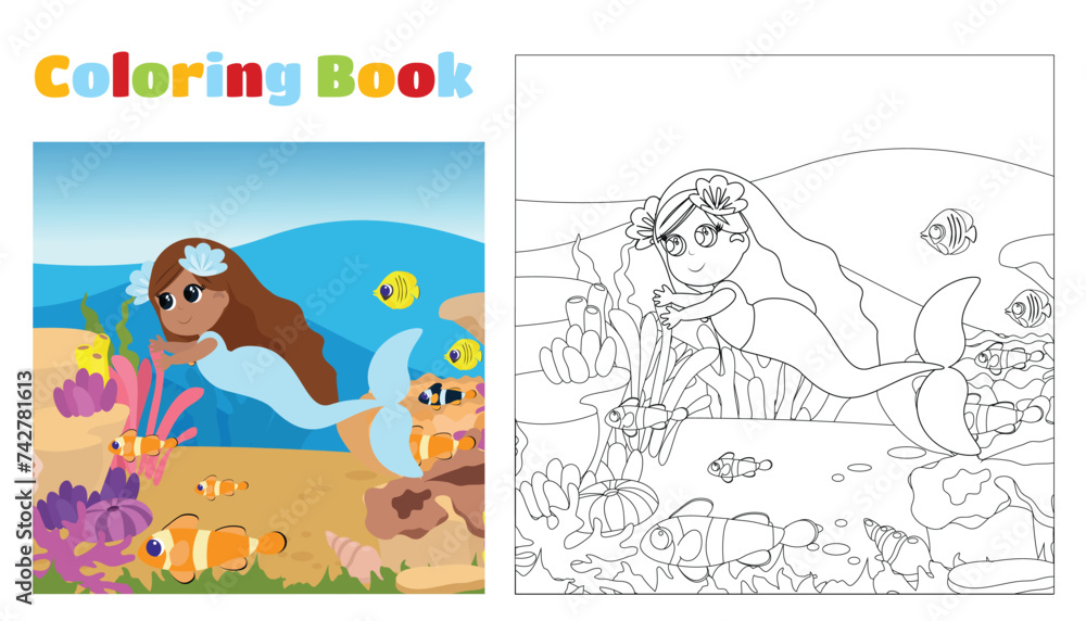 Coloring page. Mermaid swims underwater with tropical fish in cartoon style. On the seabed there are stones, algae, corals and tropical fish. Coloring page. Mermaid swims underwater with tropical fish in cartoon style. On the seabed there are stones, algae, corals and tropical fish.
