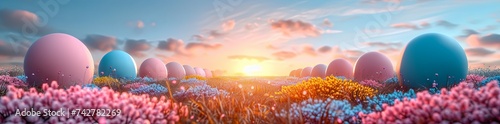 cute easter backgrounds hd wallpaper, in the style of light sky-blue and aquamarine, motion blur panorama. Generative AI.