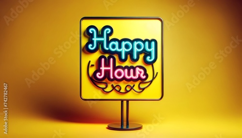 Radiant Happy Hour Neon Sign with Yellow Backdrop