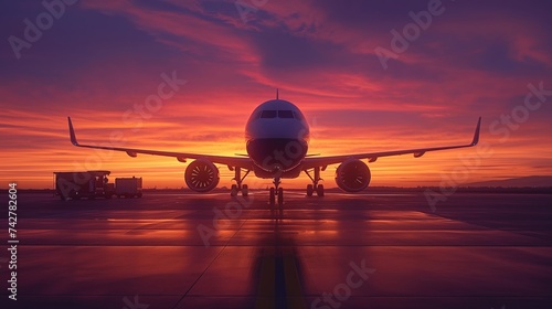 Aesthetic image of modern plane standing on airport runways on colorful sunset background. Airport services promotion, efficiency and technology.
