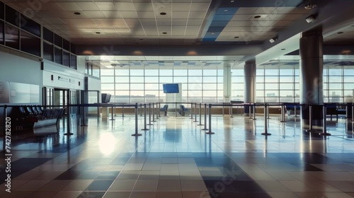 Empty airport check-in area with modern architecture and large windows. Automated check-in, airport management © master1305