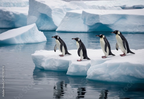 A group of Adelie penguins stand on an ice floe and jump into the water