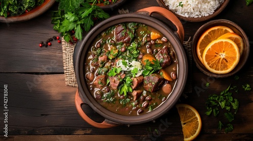A Brazilian feijoada, served in a traditional black bean stew with pork, beef, and sausages, accompanied by rice, collard greens