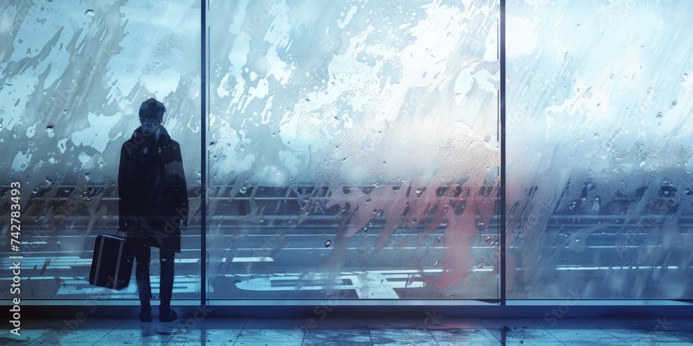 Fototapeta premium Silhouette of a person, standing in airport on rainy day, leaving home city. Sad, dusk image