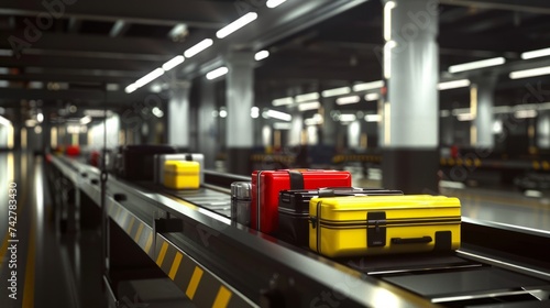 Conveyor belt in airport baggage claim area with various suitcases, mostly black and yellow. Airport logistics