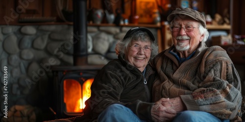 Happy senior couple at fireplace having a nice time in retirement