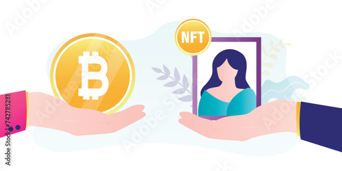 Seller hand give digital art, buyer hand holds bitcoin for payment. NFT cryptocurrency, crypto art, non fungible token icon, blockchain technology,