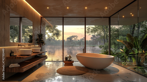 A bathroom with floor-to-ceiling windows offering a panoramic view of nature. The modern bathtub takes center stage  surrounded by natural materials  while subtle recessed lighting enhances the overal
