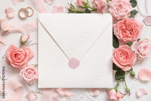 Blank sealed envelope near light pink roses, petals and silk ribbons top view, wedding mockup
