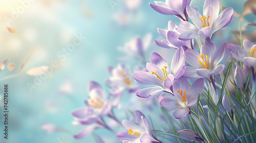 A spring background with delicate lilac crocus flowers against blue sky #742785666