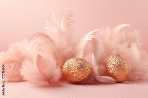 Pink easter background with golden eggs and feathers. Generative AI