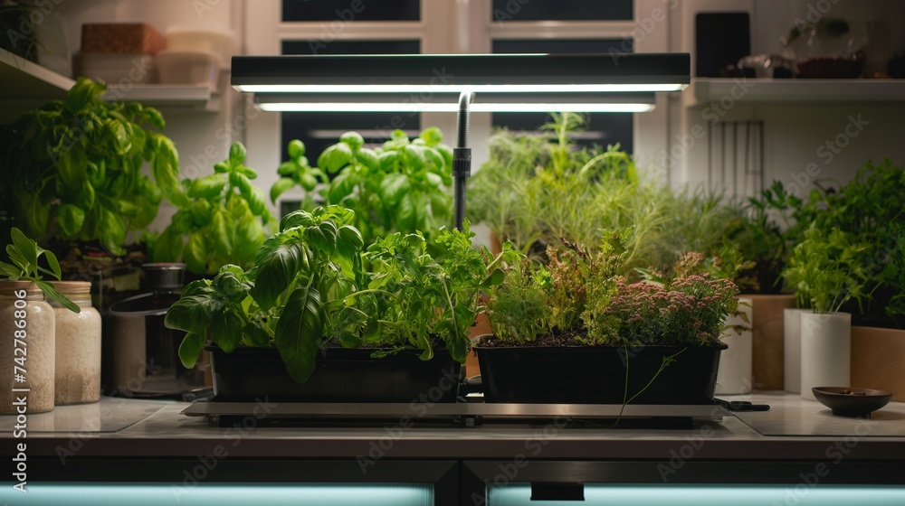 A compact, soil-free indoor herb garden utilizing hydroponic technology, with various herbs growing under LED lights