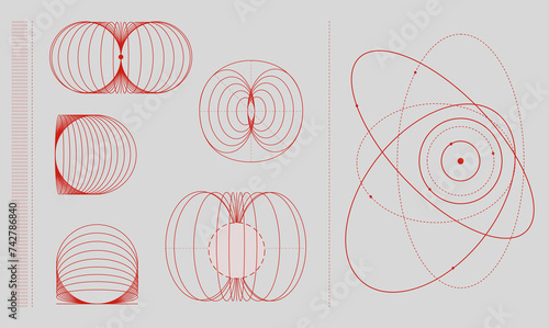 Illustrations of magnetic field lines and orbital paths in red on a white background. Abstract geometric shapes. Modern aesthetics, minimalist art. Vector design for creative cover, poster and ad photo