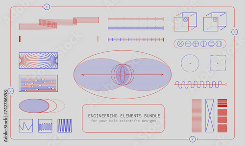 An assortment of engineering diagrams and wave patterns in red and blue on a pale background. Modern aesthetics, minimalist art. Vector design for creative cover, poster and ad