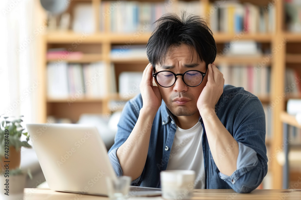 Exhausted Japanese man taking off eyeglasses and rubbing nose bridge, taking break in online work on laptop Exhausted Japanese man taking off eyeglasses and rubbing nose bridge, taking break in online work on laptop
