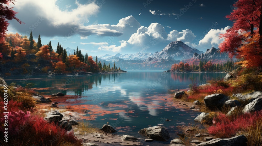 A tranquil lake surrounded by autumn-colored trees