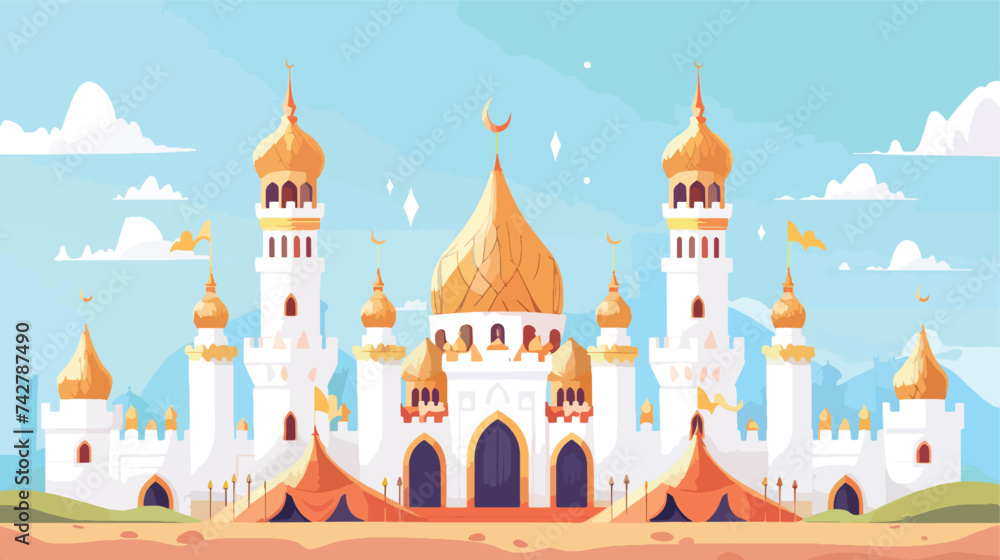 Arabian palace with white walls towers and golden