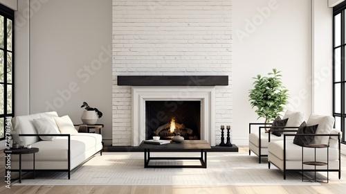 interior white brick fireplace photo