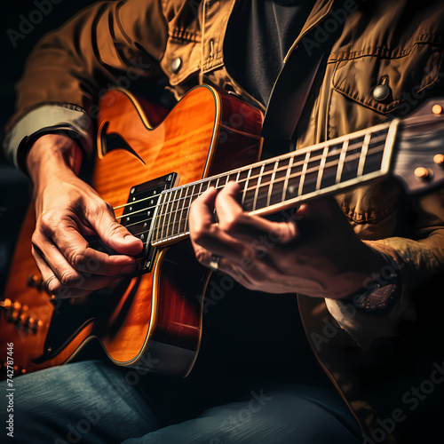 A close-up of a musicians hands playing a guitar.