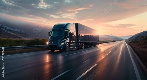 Trucks running on the road freight transport concept photo