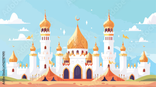Arabian palace with white walls towers and golden