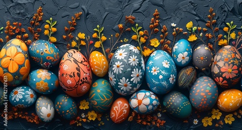 easter egg floral border blue print, in the style of dark green and amber, minimalist backgrounds, realistic, detailed rendering, nature morte. Generative AI photo