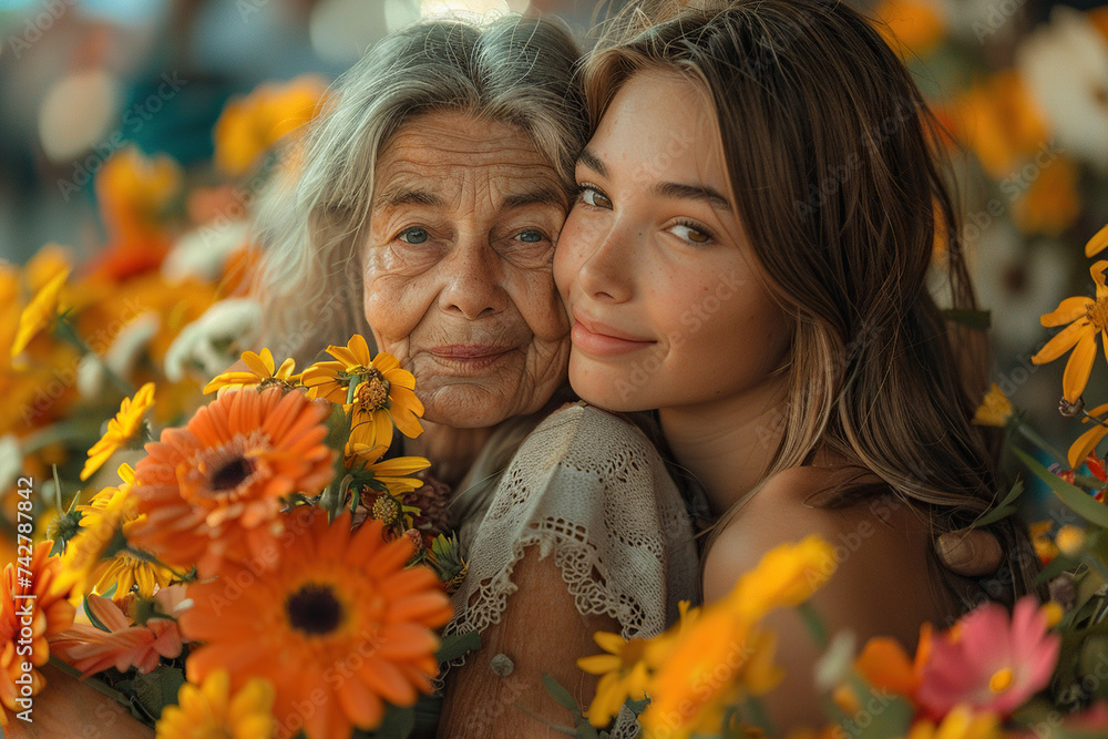 Mother is hugging an older woman and she throws flowers at her Mother is hugging an older woman and she throws flowers at her