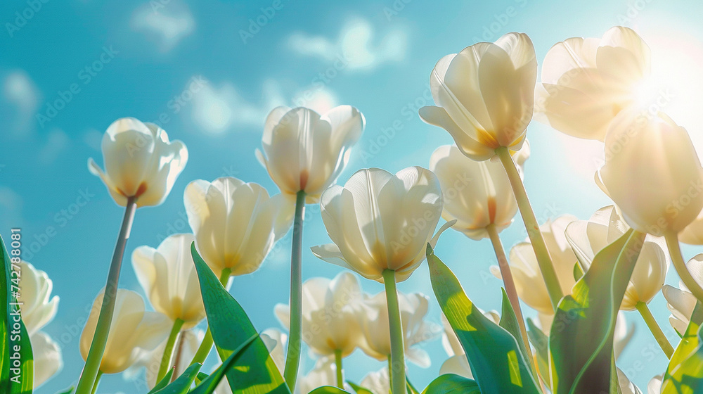A spring background with delicate tulips flowers against blue sky